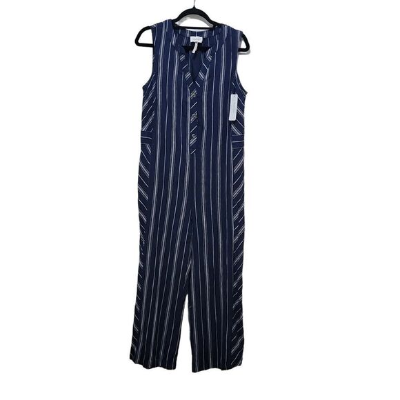 Laundry by Shelli Segal Striped Linen Viscose Sleeveless Jumpsuit Navy Size 8 - Picture 2 of 10